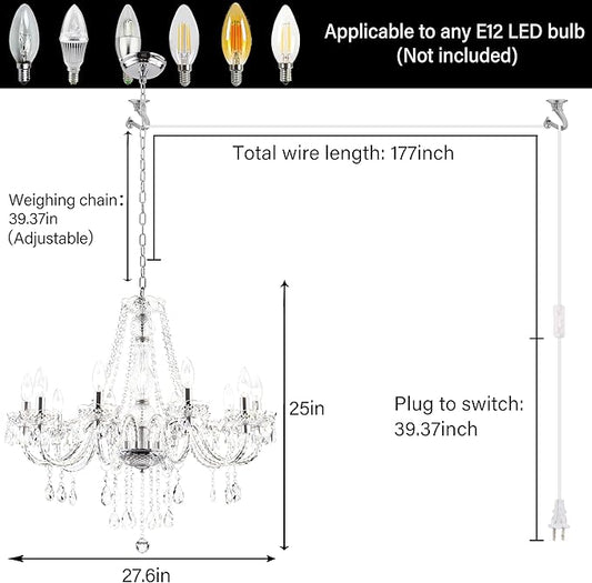 PAPAYA Plug in Crystal Chandeliers Clear Chandelier 25 * 27.5in 10-Light Modern Pendant Ceiling Lighting Fixture with Acrylic Crystals & Beads for Girls Room,Living Room,Kitchen Island,Entryway.
