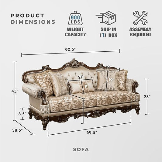 Lexicon Traditional Sofa Couch for Living Room, Rolled Arm Sofa with 5 Accent Pillows, Tufting, Queen Legs in Cherry Finish with Gold Tipping, Upholstered Living Room Furniture, 3 Seater Couch, Brown