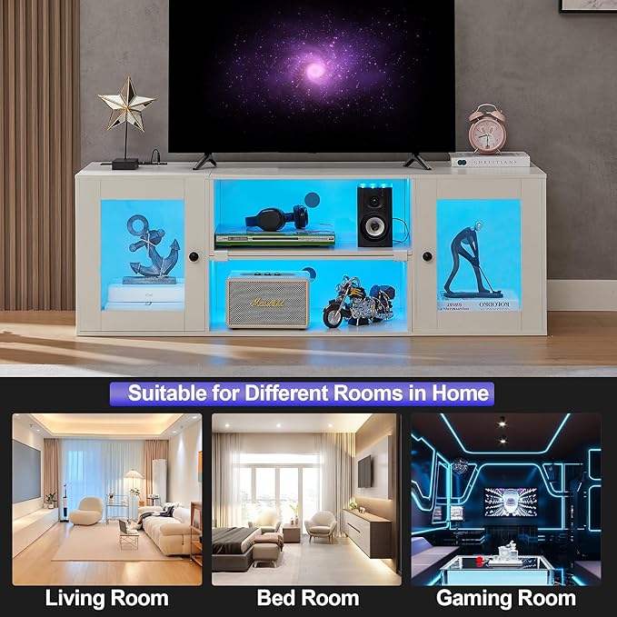 VECELO Deformable LED TV Stand with Power Outlets for 55/60/65/70 Inch Televisions, Gaming Entertainment Center with Cabinet for Living Room Bedroom, 4 AC Outlets & 2 USB-A Ports