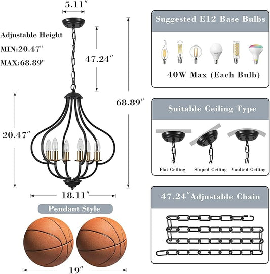6 Lights Black Farmhouse Chandelier for Dining Room, Vintage Pendant Light Fixture Adjustable Hanging for Kitchen Island Foyer Hallway
