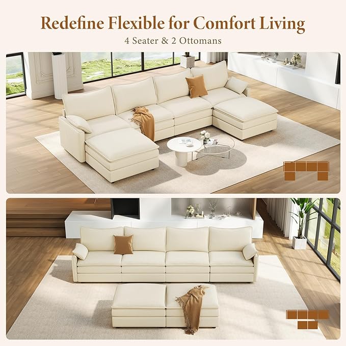 Vesgantti 142" U Shaped Sectional Couch, Comfy Cloud Modular Sectional Sofa with 2 Ottoman Deep Seat Chenille Modern Cloud Sofa, Modular Sofas for Living Room, Bedroom and Apartment, Beige | Sink-in Comfort, Height Adjustable, Easy Rearrangement, Extra...
