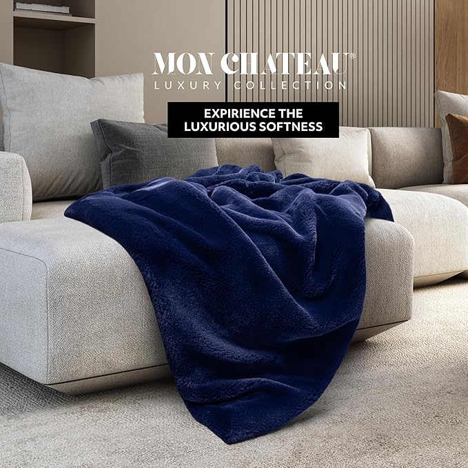 Mon Chateau 60" x 70" Hearthside Faux Fur Throw Blanket, Reversible Soft Blanket for Queen-Size Bed, Couch, or Sofa, Cozy Home Decor and Stylish Living Room Comfort, Winter Cream (Midnight Tide)