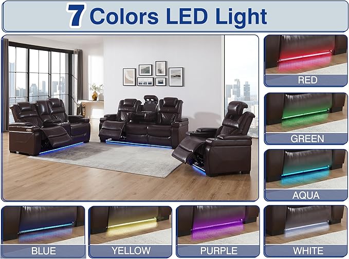 THSUPER Power Breathable Leather Reclining Sofa Set with 7-Color LED Light, Living Room Recliner Couch with Adjustable Headrest/Reading Light/USB Port/Wireless Charing/Bluetooth Speaker, Brown