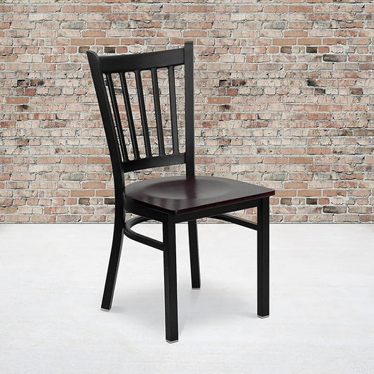 Flash Furniture 2 Pk. HERCULES Series Black Vertical Back Metal Restaurant Chair - Mahogany Wood Seat