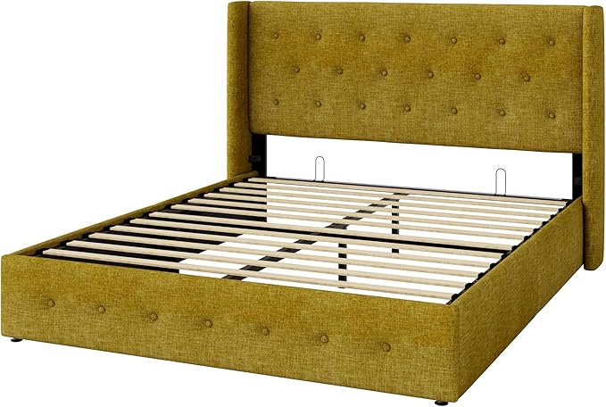 Allewie Full Size Lift Up Storage Bed, Button Tufted Headboard with Wingback, Hydraulic Support, No Box Spring Needed, Olive Yellow