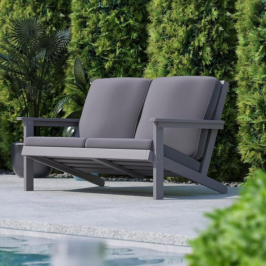 Flash Furniture Charlestown Adirondack Style Deep Seat Patio Loveseat with Cushions - Gray Poly Resin Frame - Gray All-Weather Cushions - Indoor/Outdoor