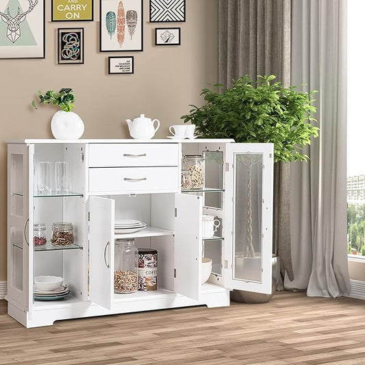 DORTALA Buffet Sideboard, Kitchen Server Cabinet w/ 2 Drawers, Glass Display Cabinet w/Adjustable Glass Shelves, Multifunctional Sideboard Console Table for Kitchen, Living Room, Dining Room, White