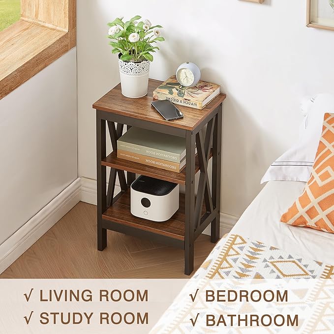 VECELO End Table Set of 2, Bedside Table, 24" Tall Living Room End Tables, X-Design Reinforced Nightstands, Side Table with 3-Tier Storage Shelves for Small Spaces, Office, Bathroom, Bedroom, Brown