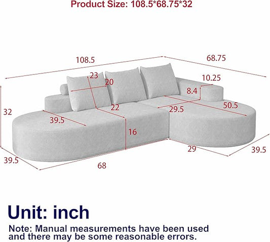 Cloud Modular Sectional Sofa with Curved Chaise Lounge,108.5" Oversized Modern Memory Foam Couch, Ergonomic BonelessModular Floor Sofa with High-for Living Room, Apartment & Office | Deep Seat, Wider Armrest, Free Combination