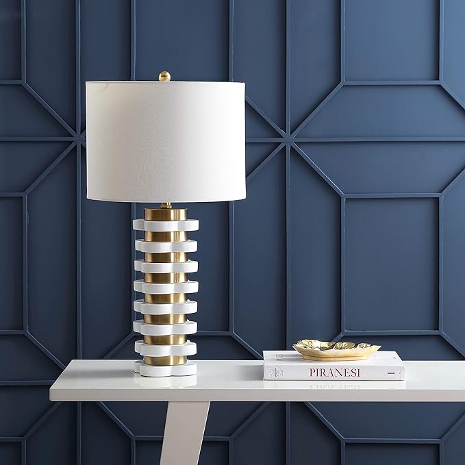 JONATHAN Y 26.5" Brass Gold Quatrefoil Striped Resin LED Table Lamp, Contemporary Glam Bedside Lamp for Living Room Bedroom, White Linen Drum Shade, LED Bulb Included JYL1010A
