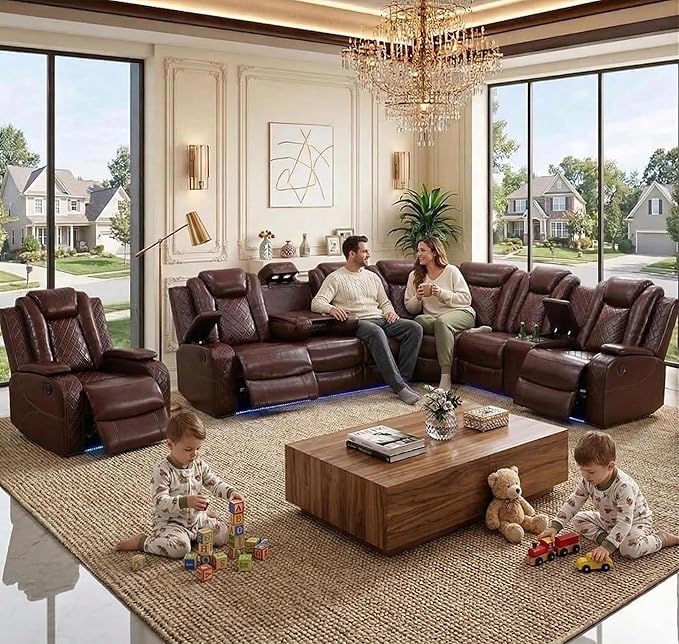 Power Reclining Sectional Sofa Set with LED, Living Room Furniture Sets, Leather Recliner Couch for Living Room/Home Theater, Sectional Couch and Chair with 3 Recliners, USB Port/Hide-Away Storage