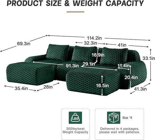 KEIKI 114" Oversized 3-Seater Boneless Couches for Living Room, Compact Modular Sectional Velvet Sofa U-Shaped, Deep Seat Cozy Foam No Assembly Couch for Small Space, Modern Comfort Design, Green