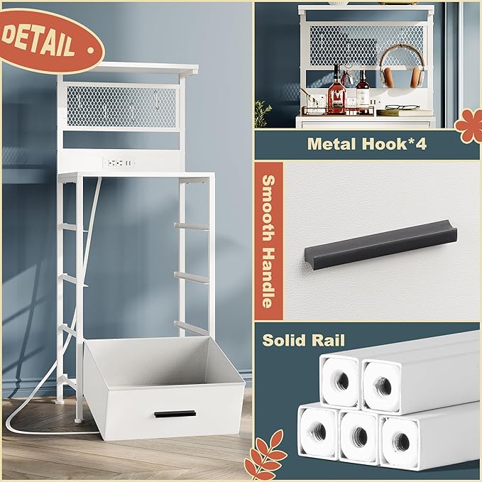 Nightstand 4 Drawer Dresser with LED Lights, Charging Station, Mesh Shelf with Hooks, Vertical Side Table with Fabric Drawers, End Table, Tall Dresser for Bedroom, Hallway, Entryway, White