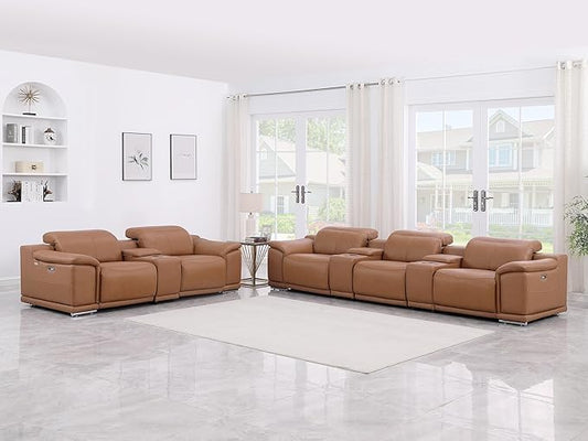 Blackjack Furniture Venice Top Grain Italian Leather Power Recline 8 Piece 5 Seater Sofa - 134" Theater Seating Modern Couch for Living Room Apartment with Adjustable Headrests & USB Port, Cognac