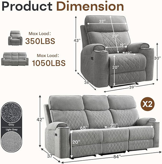HAOMARKETS 3-Piece Power Recliner Sofa Set with Charging Port, Include Single Power Recliner Chair and 2 Electric 3-Seater Recliner Couches with Cup Holders for Living Room, Light Grey