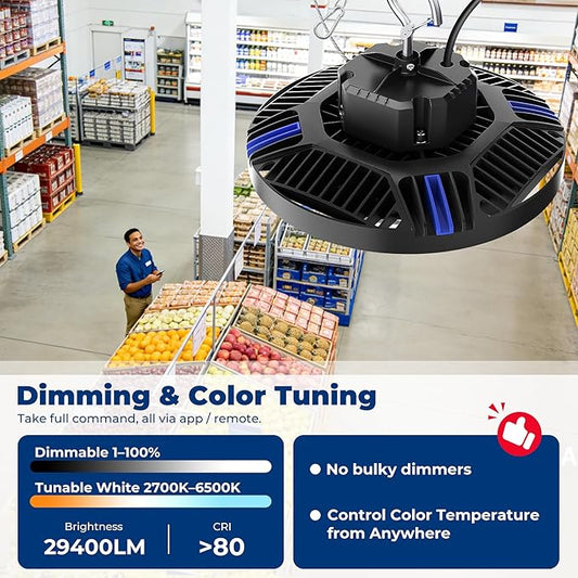 CINOTON Smart UFO LED High Bay Light 210W 29400lm, 2700K-6500K 1-100% Brightness Stepless Dimm Aluminum Shop Lights, ETL Listed Lighting for Garage Workshop, APP/Alexa/Remote Control, 120-277V, 1 Pack