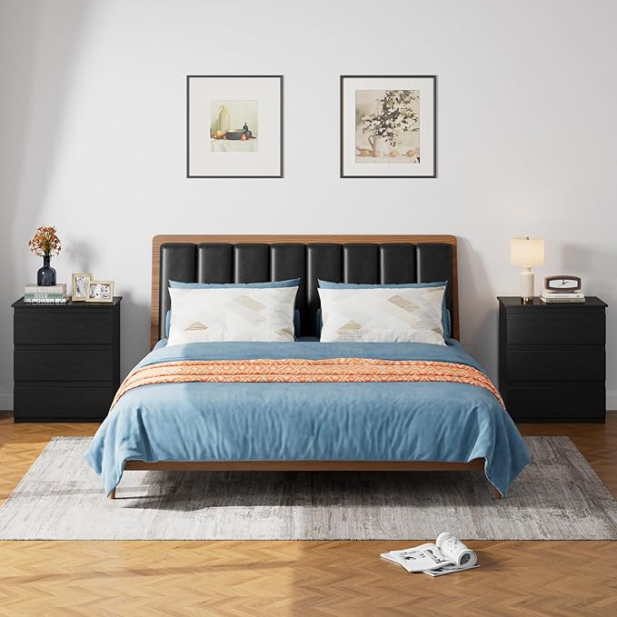 Bamjoy Black Nightstand with 3 Drawers, Beside Table with Drawers for Bedroom, Small Side Table Storage Cabinet 3 Drawer Night Stand for Home Office, 18.0W x 14.0D x 24.8H Inches