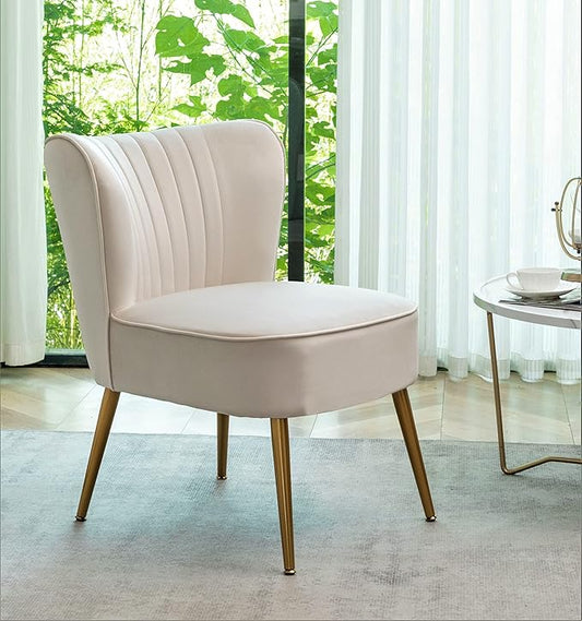 Modern Velvet Accent Chair for Living Room, Bedroom, or Entryway, Stylish and Comfortable Armless Design with Metal Legs, Ivory