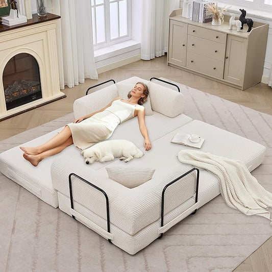 IDEALHOUSE 4 in 1 Convertible Sleeper Sofa Bed Couch, 79 Inch Boneless Corduroy Floor Couch with Pillows, No Assembly, Modern Deep Seat Sofa Futon Mattress for Living Room,Apartment,Beige