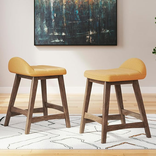 Signature Design by Ashley Lyncott Contemporary 24.25" Seat Height Counter Height Upholstered Bar Stool with Foam Cushion, 2 Count, Mustard Fabric, Solid Hardwood Frame with Brown Finish