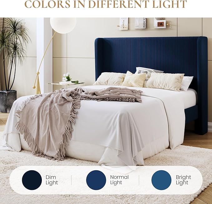 SHA CERLIN Full Size Corduroy Upholstered Platform Bed Frame with Vertical Channel Tufted Wingback Headboard, 8" Under Bed Storage, Wooden Slats & Metal Frame Support, Easy Assembly, Dark Blue