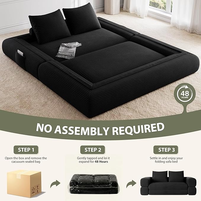 Jocoevol 4-in-1 Convertible Folding Sofa Bed, 68"L x 78"W Queen Size Foldable Sleeper Sofa Bed, Wide Corduroy Upholstery, Boneless Mattress Couch with Armrests & Neck Pillow for Living/Bedroom, Black