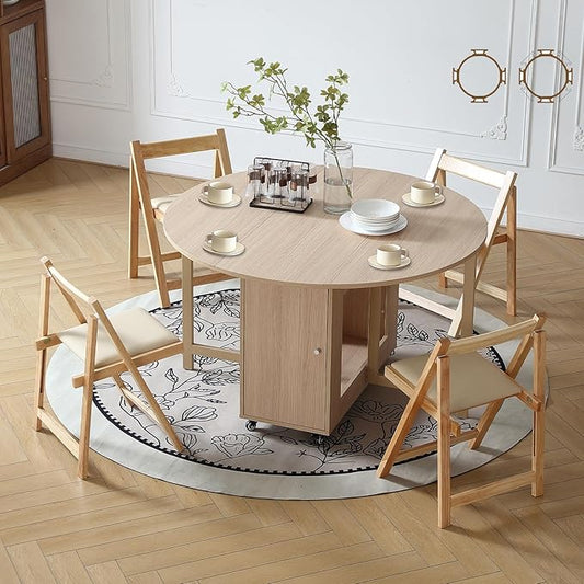 Wood Round Folding Dining Table with 4 Chairs, 47.3" Folding Table and Chairs with Storage Shelf Metal Legs for Home Dining Room Living Room, Space Saving Foldable Dining Table with 4 Chairs