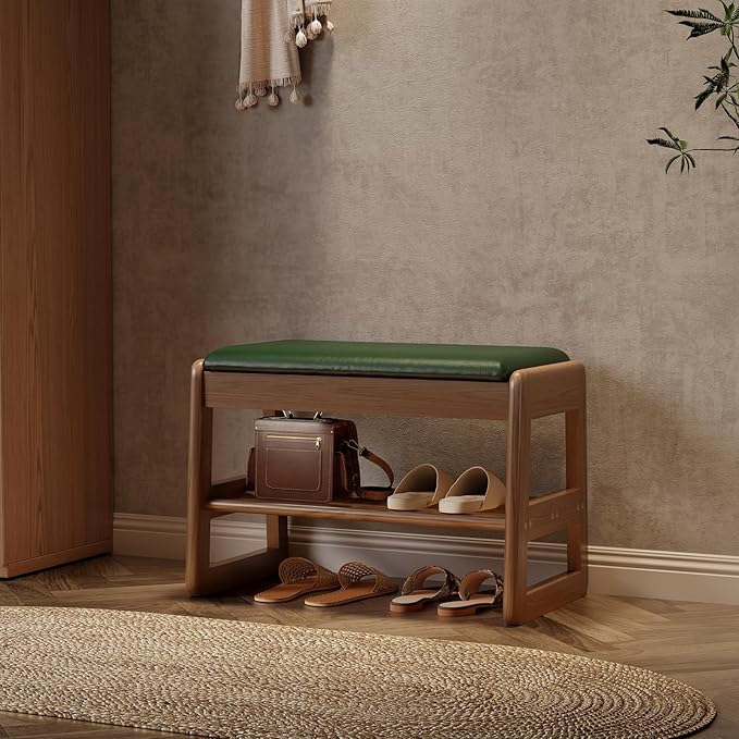 AQIMUELE Small Shoe Rack Bench,2 Tiers Shoe Bench with Storage with Flip-Top,Wood Shoe Rack for Entryway,Hallway(Green Upholstered Seat
