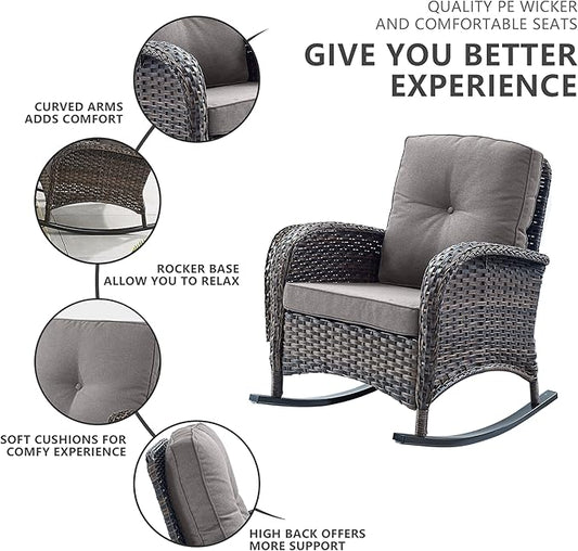 Belord 7 Piece Outdoor Patio Furniture Sets with Rocking Chairs, Wicker Loveseat Conversation Sets for Deck Patio Backyard Poolside, Grey Cushion