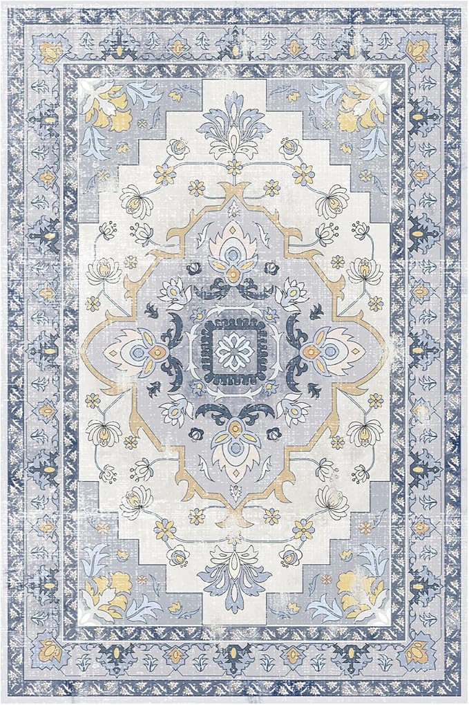 MOSISO 4x6 Area Rug for Living Room, Washable Area Rug, Non-Slip Vintage National Area Rugs, Low Pile Carpet, Faux Wool Rectangular Area Rugs Carpet for Living Room Bedroom Dining Room, Home, Blue