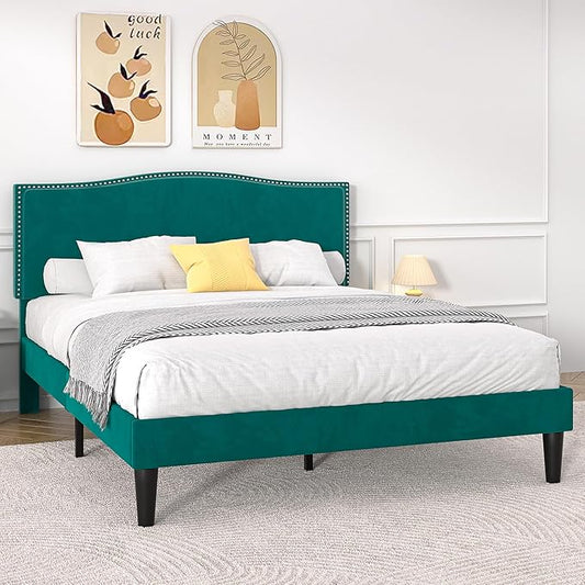 VECELO Full Bed Frame, Platform Bed Frame with Adjustable Height Upholstered Headboard, Heavy-Duty Frame and Strong Wooden Slats Support, Non-Slip and Noise-Free, Easy Assembly, Dark Green