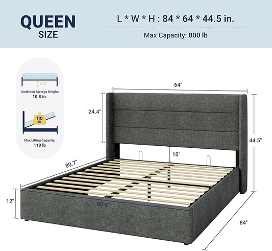 Allewie Queen Size Lift Up Storage Bed, Modern Wingback Headboard, Hydraulic Support, No Box Spring Needed, Dark Grey