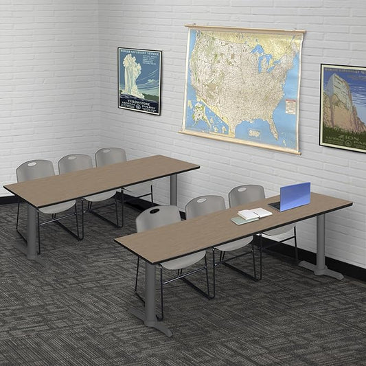 Regency Cain 84 x 24 in. Training Seminar Table – Durable T-Base Training Desk with Laminate Top, Scratch & Stain Resistant Surface, Rounded Corners (Noble Oak, Grey Base)