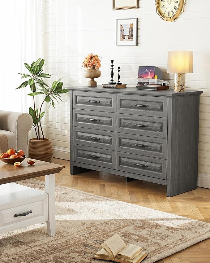 Marsail 8-Drawer Farmhouse Dresser, Solid Wood Storage Space, Sturdy Wide Chest with Smooth Glide Drawers & Anti-Slip Kit, for Bedroom or Hallway, Dark Grey