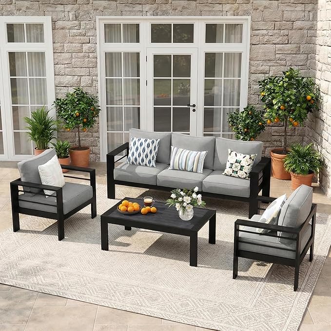 Solaste Aluminum Outdoor Patio Furniture Set, 5 Seats Patio Sectional Sofa with 5" Thick Cushion, Outdoor Patio Set with Coffee Table for Porch, Yard, Backyard, Deck, Light Grey