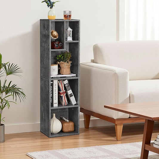 VECELO 4-Tier Bookcase, Modern Storage Cabinet with Height Difference Shelves for Standard Textbooks, 5 Cubes, Vertical or Horizontal, Easy Assembly, Grey