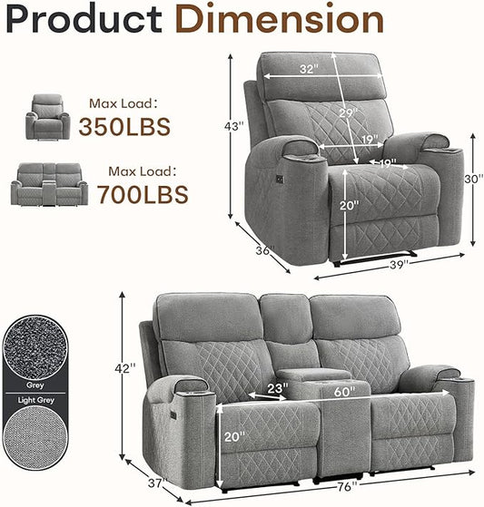 HAOMARKETS 2-Piece Power Recliner Sofa Set with Charging Port, Include Single Recliner Chair and 2-Seater Loveseat Reclining Couch with Hidden Storage and Cup Holders for Living Room, Light Grey