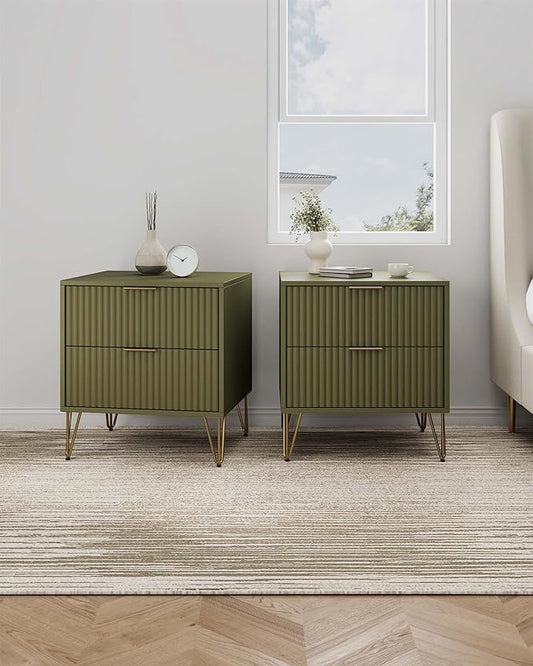 Manhattan Comfort Dumbo Modern Nightstand 2.0 with 2 Drawer and Metal Feet | Splayed Gold Legs | Vertical Ribbed Design | No Tool Assembly Storage for Bedroom, Set of 2, Set of 2, Olive Green