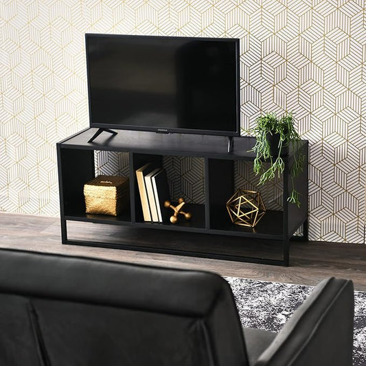 Household Essentials Jamestown TV Stand Coffee Table with Square Cube Storage Compartments Black Oak Wood Grain and Black Metal