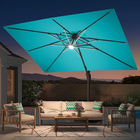 10' X 13' Patio Umbrella with Weighted Base and LED Lights Outdoor Cantilever Large Rectangle Offset Umbrellas Heavy Duty Aluminum Double Top with 360-degree Rotation for Pool Garden Deck, Turquoise
