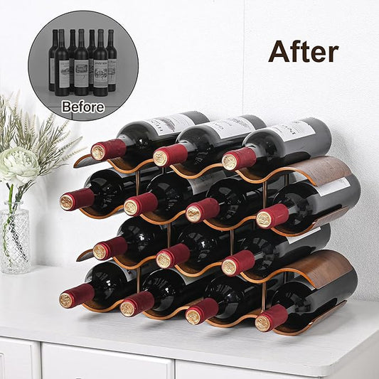 Countertop Wine Rack - 14 Bottle Freestanding Wine Bottle Holder Stand - 4 Tier Wooden Wine Storage Rack - Walnut Wavy Wine Organizer for Cabinet Pantry Home Kitchen Bar