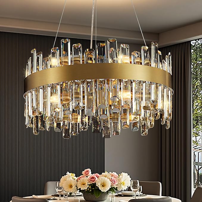 Modern Gold Crystal Chandelier, 12-Light Luxury Dining Room Chandelier, Elegant K9 Crystal Pendant Ceiling Light Fixture for Living Room, Kitchen, Entryway, E12 Base, 59" Adjustable Wire