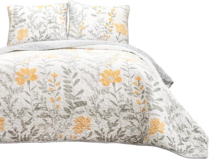Lush Decor Aprile Reversible Floral Quilt King Size 3 Piece Set King, Yellow & Gray - Bedding Set - Floral Quilt - Cottage Bedroom Décor