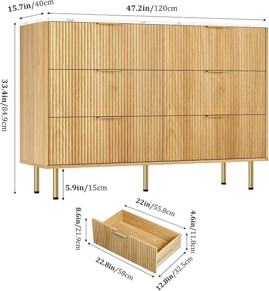 GAOMON 6 Drawer Dresser for Bedroom Chest of Drawers, 47" Wide Fluted Dresser with Drawers, Modern Wooden Double Dressers with Metal Handles for Living Room, Hallway