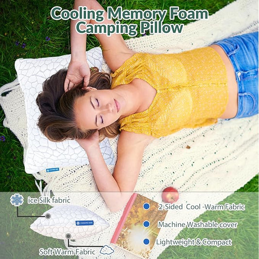 QUTOOL Cooling Pillow for Sleeping, CertiPUR-US Shredded Memory Foam Camping Pillow Set of 1, Backpacking for Hiking Gear, Portable Pillow with Travel Storage Bag, Soft Yet Support,White