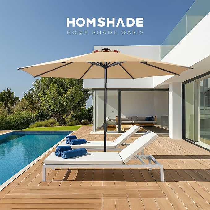 HOMSHADE Outdoor Patio Umbrella - Market Table Pool Deck Umbrella with Push Button Tilt, Crank, UPF50+ UV Protection and Sturdy Ribs, 3-Year Fade Resistance, 220GSM Solution-Dyed Fabric (No base)