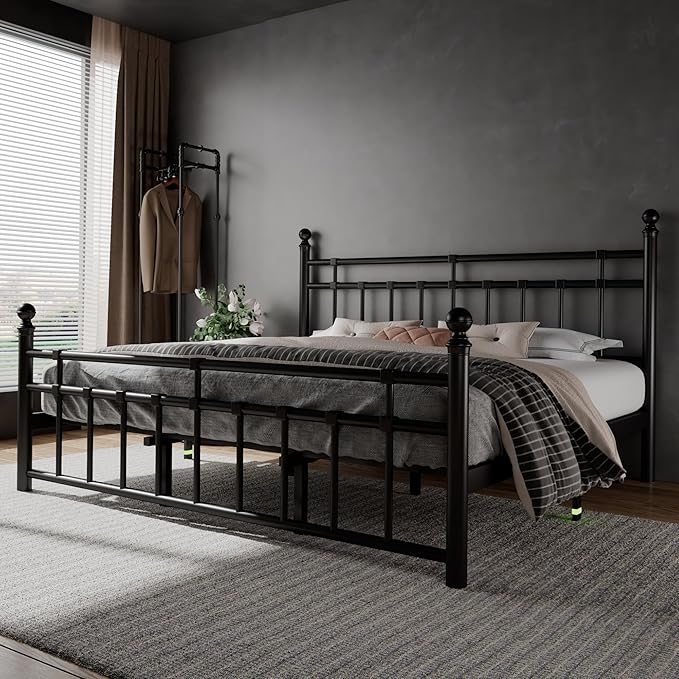 Feonase King Size Metal Platform Bed Frame with Victorian Classic Iron-Art Headboard & Footboard, 12" Under Bed Storage, Steel Slats Support, No Box Spring Needed, Easy Assembly, Noise-Free, Black