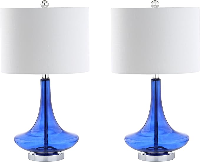 JONATHAN Y 25.5" Cobalt/Chrome Glass Teardrop Table Lamp Set of 2 for Bedroom, Modern Bedside Lamps for Living Room, White Linen Drum Shade, LED Bulbs Included (JYL1081D-SET2)