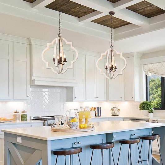 KSANA Farmhouse Orb Chandelier, Handmade Wood Distressed White French Country Hanging Light Fixture for Dining & Living Room, Foyer, Bedroom, Kitchen Island, and Entryway