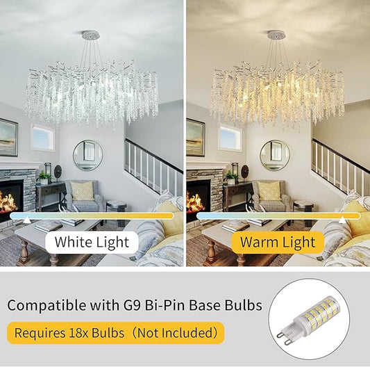 Modern Tree Branch Chandeliers Chrome D47'', Crystal Raindrop Chandelier for Living Room, Round Art Deco Lighting Fixture for for Dining Room Foyer Bedroom 18 Lights